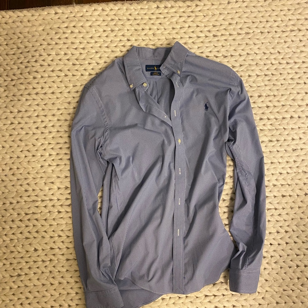 Ralph Lauren Blue with small checks Button Down Shirt- medium slim performance